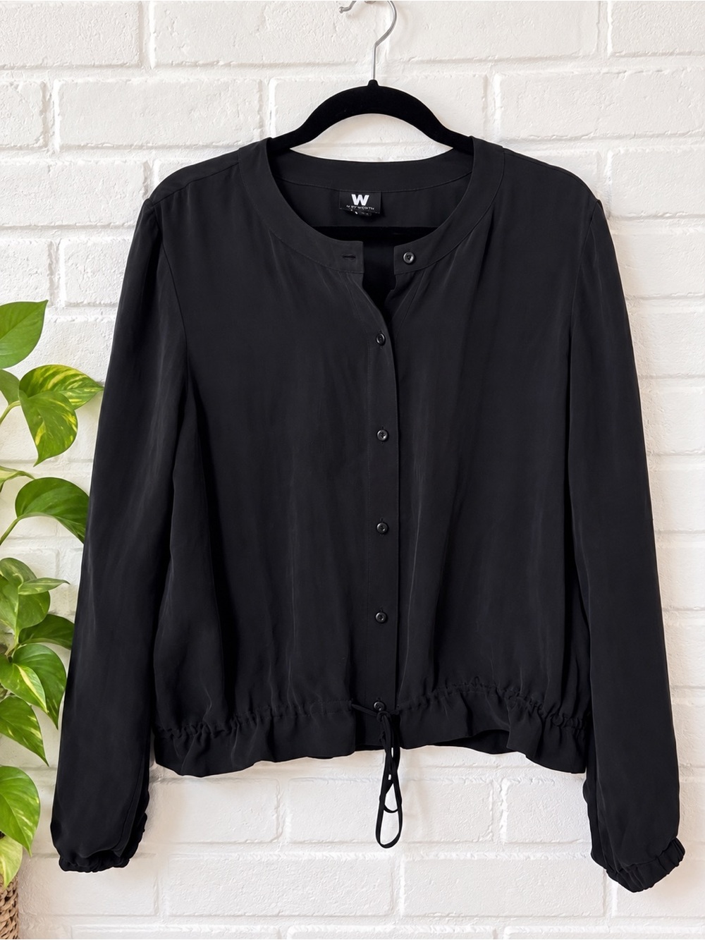 W by Worth Black Button-Front Drawstring Hem Cupro Blouse Size Medium